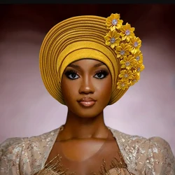 Africano Headtie Turbante com Flores para Mulher, Nigéria Cabeça Gravatas, Já Feitas, Auto Gele, Envoltórios Cabeça para Festa de Casamento, Novo, 2024