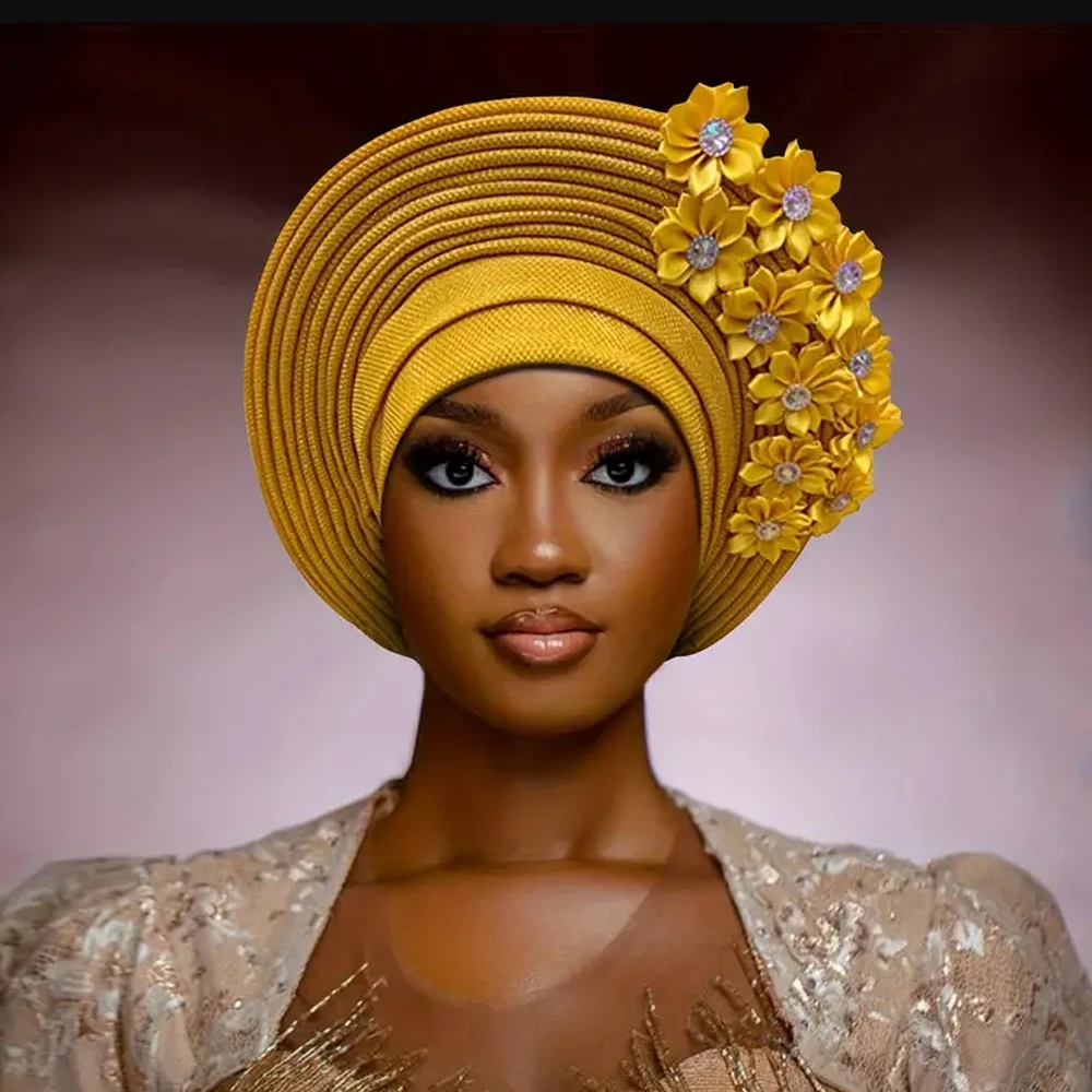 Nowe afrykańskie turbaniki na głowę Nigeria z kwiatami, gotowe do noszenia, auto gele, damskie chusty na głowę na wesele i przyjęcia.