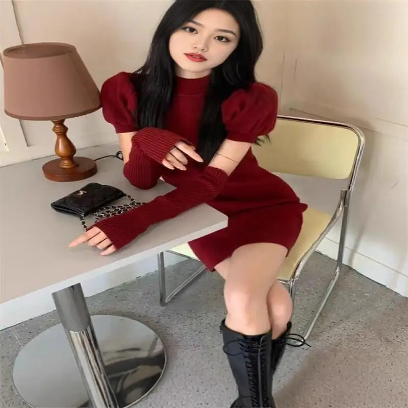 Kawaii Girl Fashion Tops Sexy Midi Skirt 2025 New French Knit Sweater Dress Women Autumn Winter Pure Desire Bodycon Short Skirt