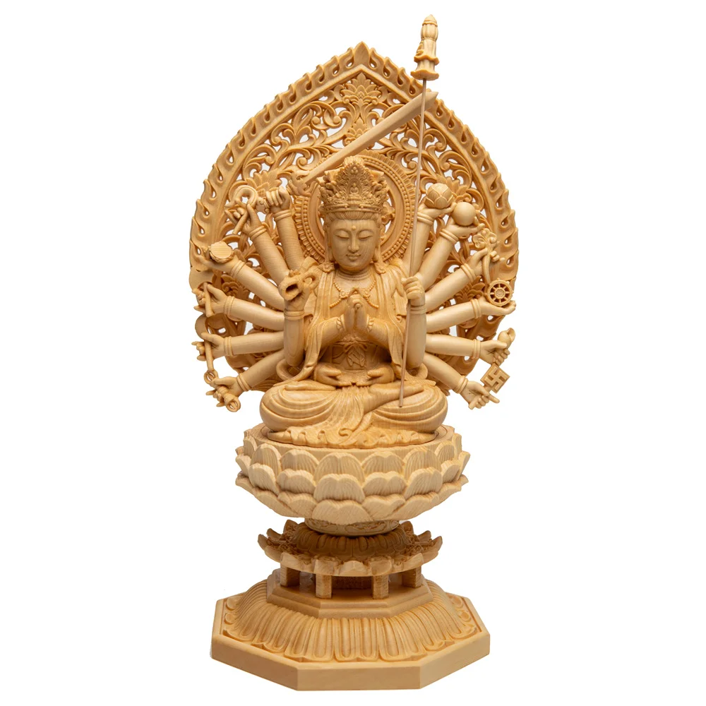 Hinoki-Thousand-Handed Avalokitesvara Guan Yin - Large Buddha Statue with Intricate Lotus Flower Base