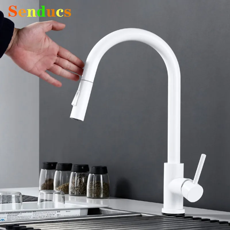 

White Touch on Kitchen Faucets 304 Stainless Steel Hot Cold Pull Out Kitchen Sink Mixer Tap Sensor Touch Kitchen Sink Faucet