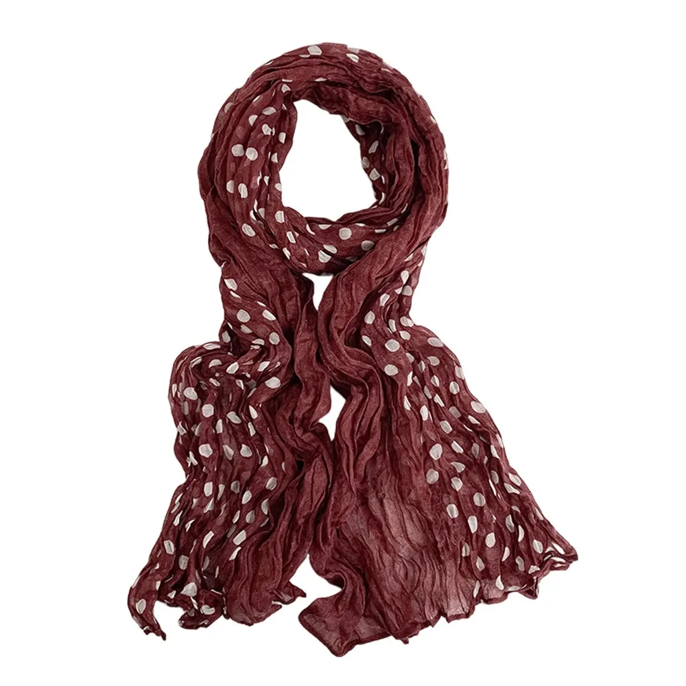

Cotton Linen Texture Wave Point Scarf Retro Print Wrinkle Twisted Pleated Scarf Thin Scarf Long Pleated Print Dots Scarf