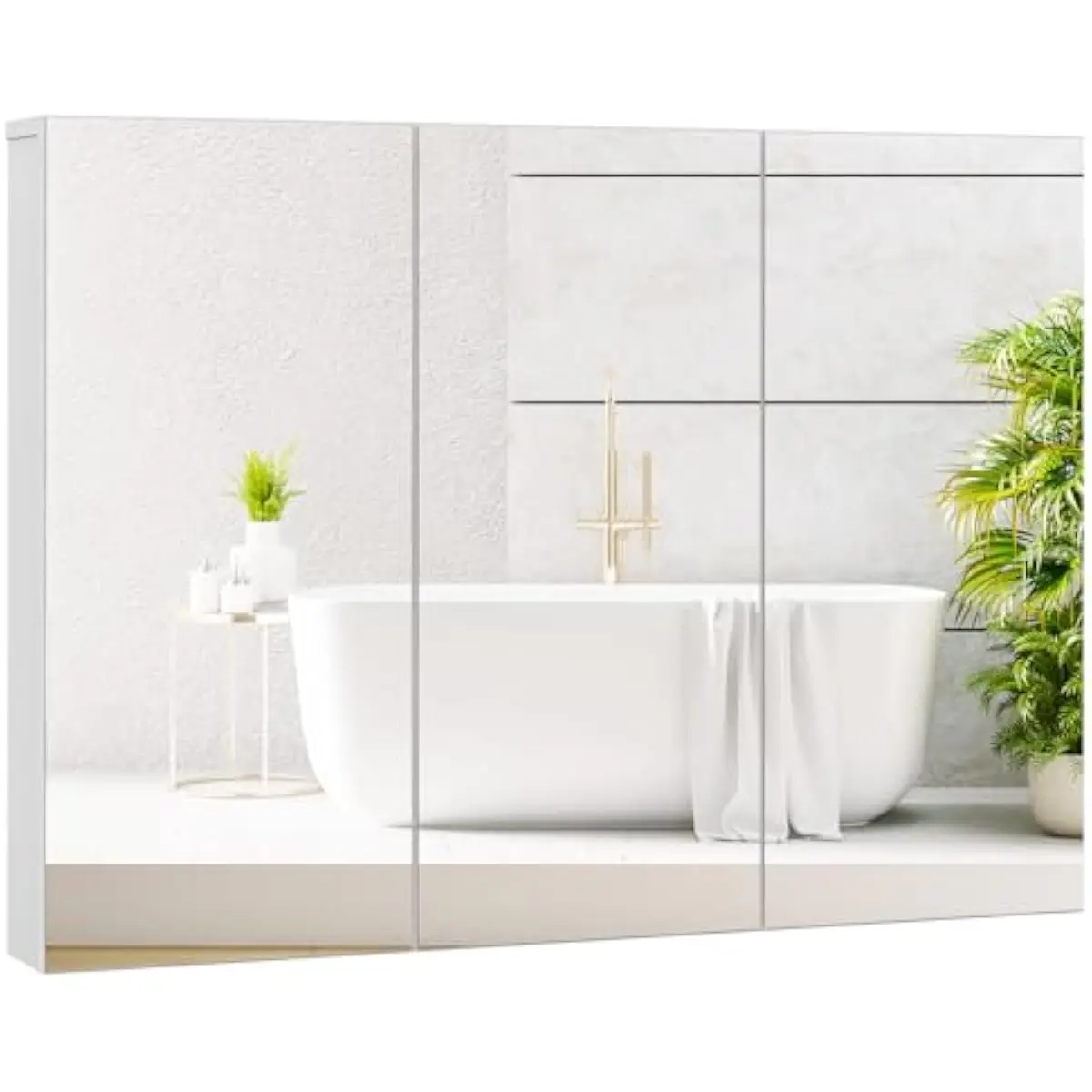 Wall-Mounted Triple Mirror Cabinet with Six Interior Compartments Engineered Wood Frame Waterproof Finish Soft-Close Hinges Mini