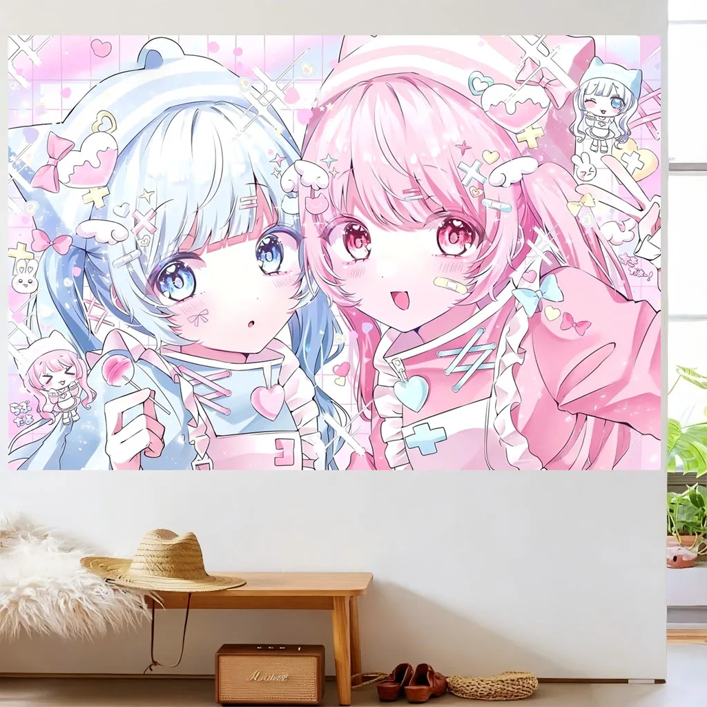 1pc Pastel Twin Nurse Girls Tapestry Yami Kawaii Cross Lollipop Grid Print Wall Hanging Harajuku Decor Teen Bedroom Otaku Gift