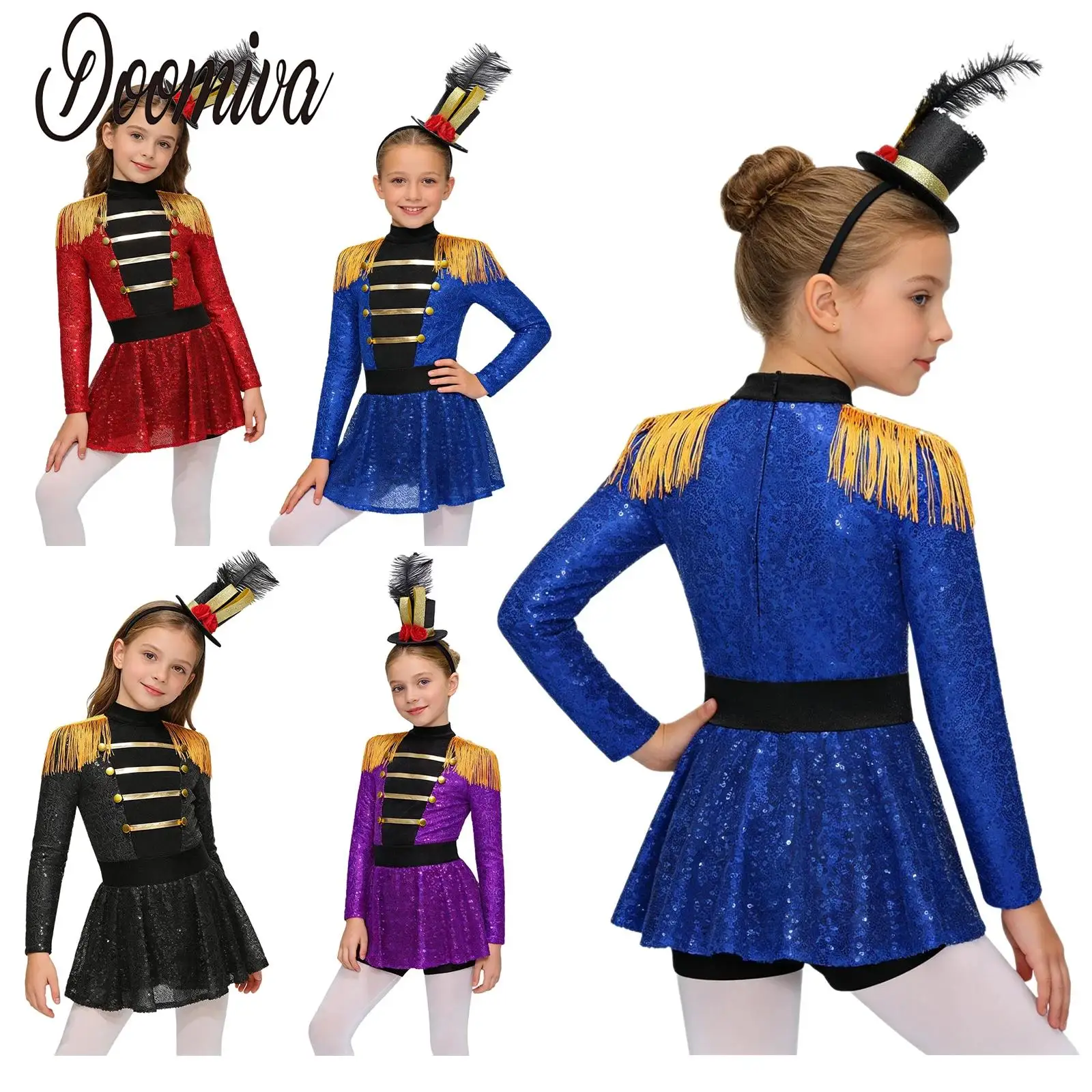 

Girls Ringmaster Circus Costume Halloween Dress Up Outfits Long Sleeve Tassel Shoulder Zipper Sequin Tutu Bodysuit and Headband