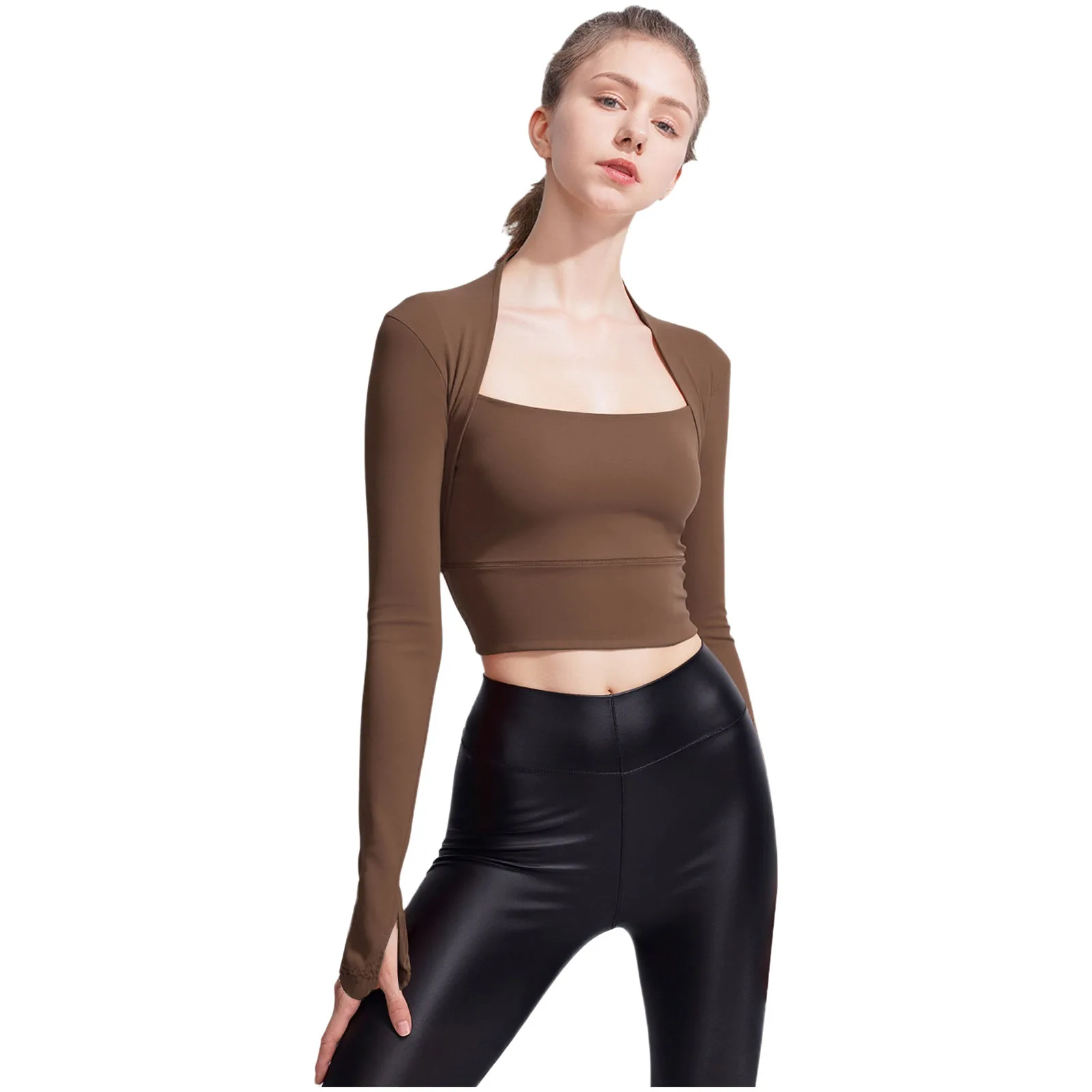 المرأة الرياضة الرطوبة فتل التجفيف السريع قميص رياضي كم طويل للإزالة منصات الصدر المحاصيل الأعلى لليوجا بيلاتيس تجريب القمم #2