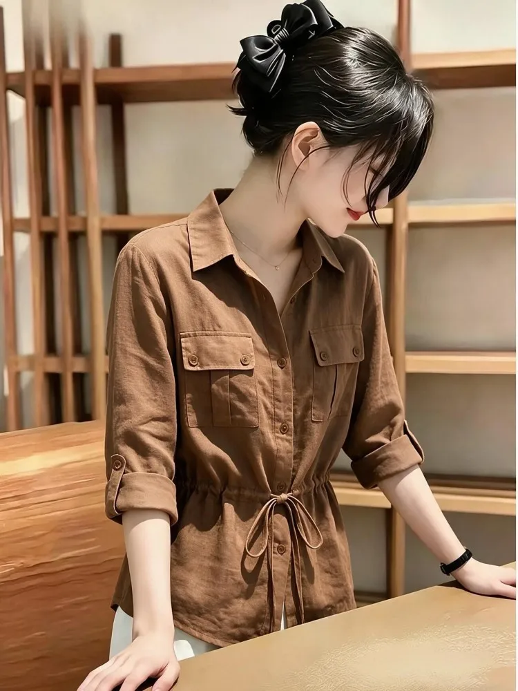 Caramel Color Drawstring Waist Shirt Women's Pocket Design Workwear Slim Fit Ladies Shirt Girl's Style Thin Seven Sleeve