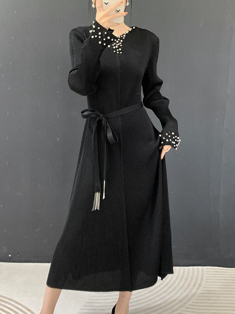 ANLAN New Miyaki Pleated Woven Dress Summer Simple Versatile Casual Solid Color Long Sleeves Slimming V-Neck Skirt 5AN6918