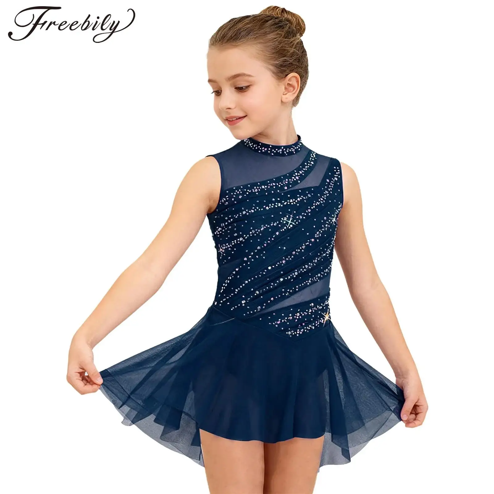 Modernes lyrisches Tanzkleid für Kinder, Mädchen, Strass, ärmellos, durchsichtiges Netz, Ballett-Gymnastik-Trikot für Eiskunstlauf-Performance