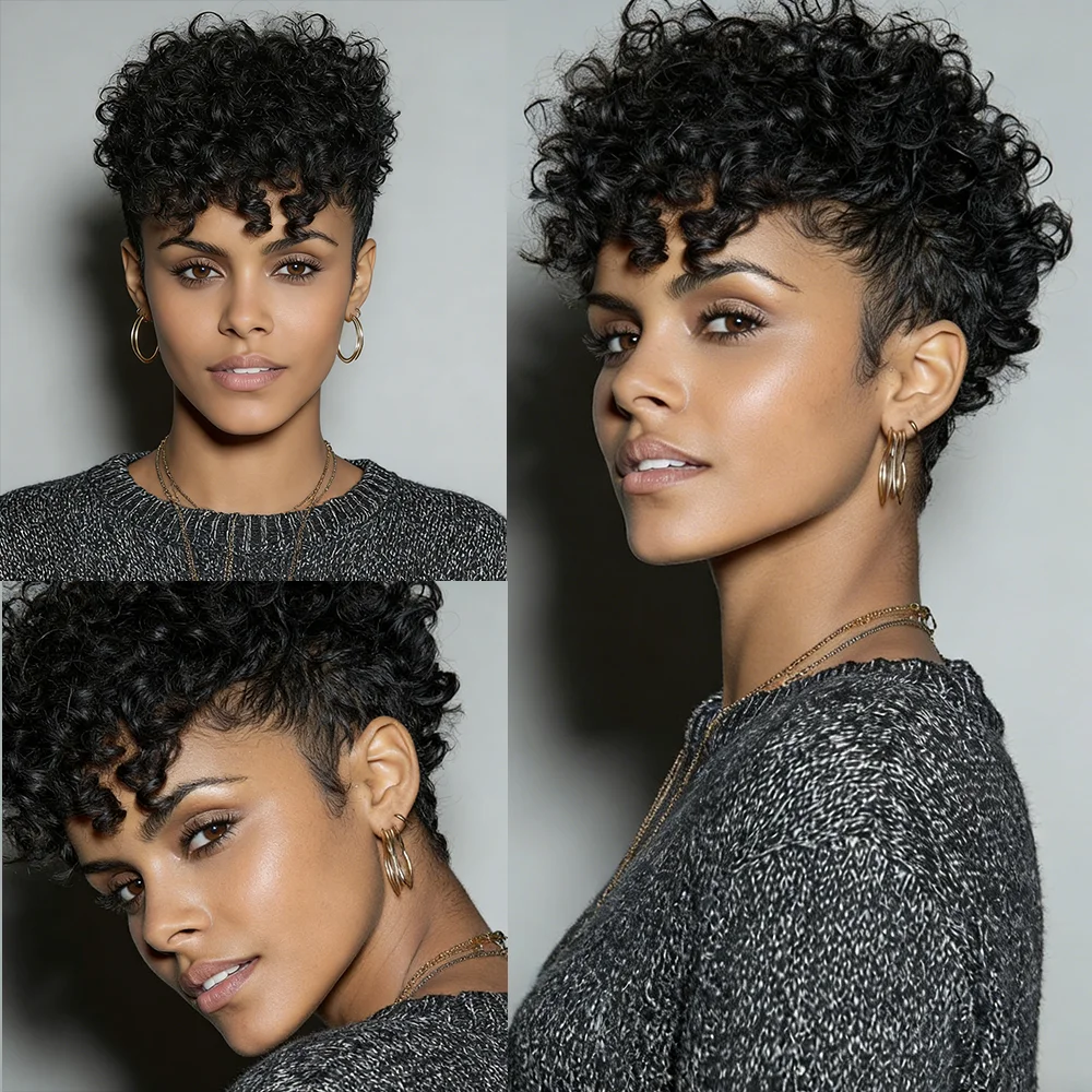 

Пышный короткий кудрявый парик-пикси из натуральных волос с плотными, четкими локонами для женщин, для повседневной носки и вечеринок.