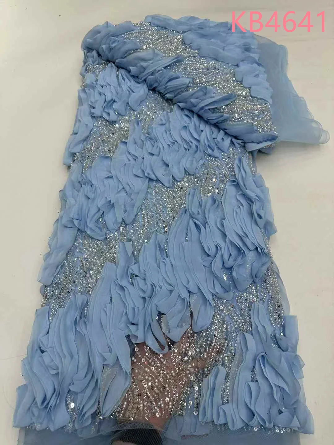 

Sky Blue Handmade Beaded Lace Fabric Latest Lace Fabric High Quality 2025 Nigerian Beaded Fabric Lace Sequins For Sewing KB4641