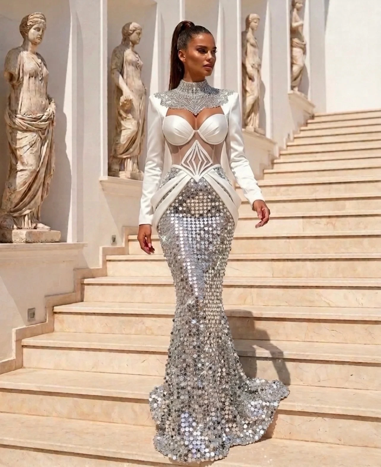 Silberne Abendkleider im Meerjungfrauen-Stil mit langen Ärmeln, Pailletten und Perlen, langes Abendkleid im orientalischen Dubai-Saudi-Arabischen Stil, maßgeschneidert
