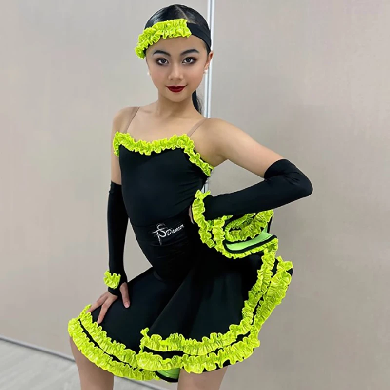 

Children Sleeveless Backless Bodysuit and Green Ruffles Swing Skirts for Kids Girls Dancewear Performance Dancing Costume