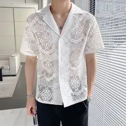 Elegant Fashion Harajuku Slim Fit Ropa Hombre Loose Casual Sport All Match Shirt Button Hollow Out Cardigan Short Sleeve Blusa