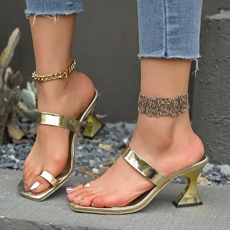 

‌ Женские летние босоножки на среднем каблуке с квадратным носком 2025, элегантные тапочки с нарядными шлепанцами, модные тапочки с носком