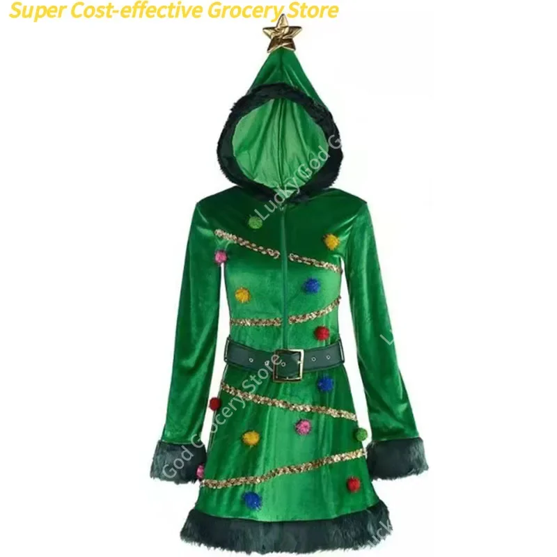 فستان نسائي لشجرة عيد الميلاد شتوي دافئ بقلنسوة مزين بالترتر مع حزام فساتين أزياء تنكرية