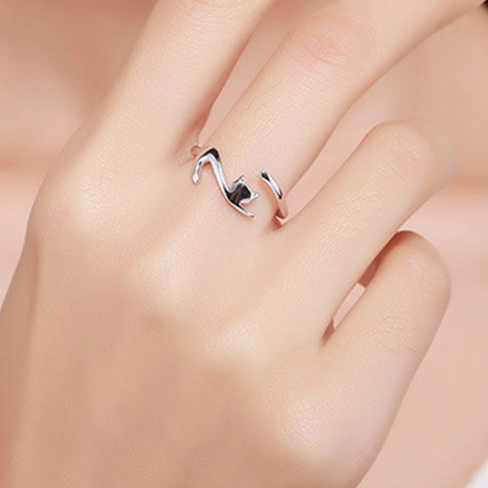 

Adjustable Ring For Women Kitten Shape Silver Open Metal Finger Jewelry Gift Party Decoration Smooth Elegant Wear