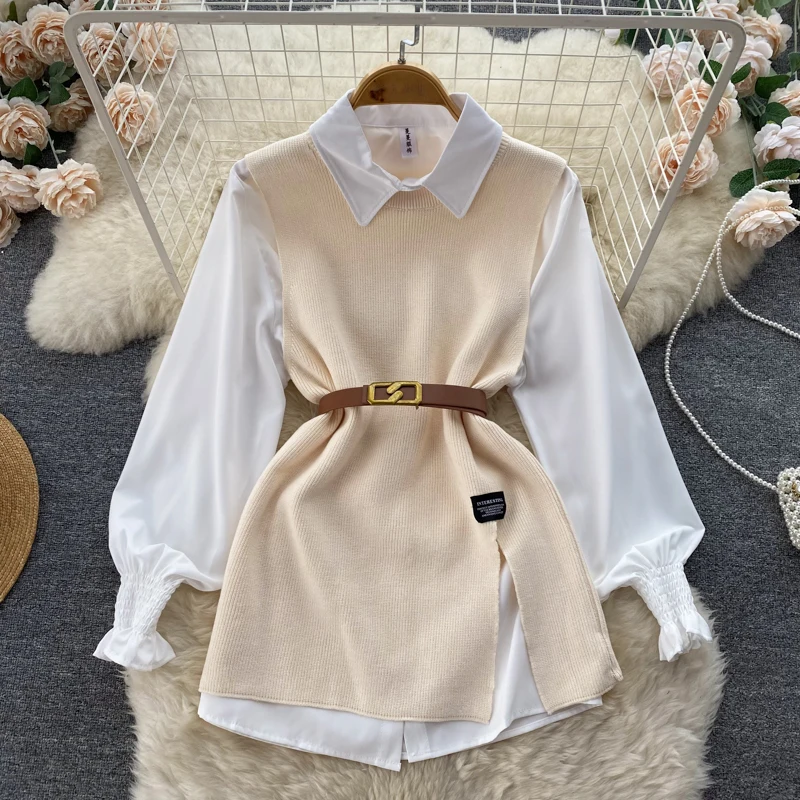 Chic Women Two-Piece Sets Long Sleeve Single Breasted Turn-down Collar Loose Shirt and Knit Split Vest Sashes Korean Casual Top