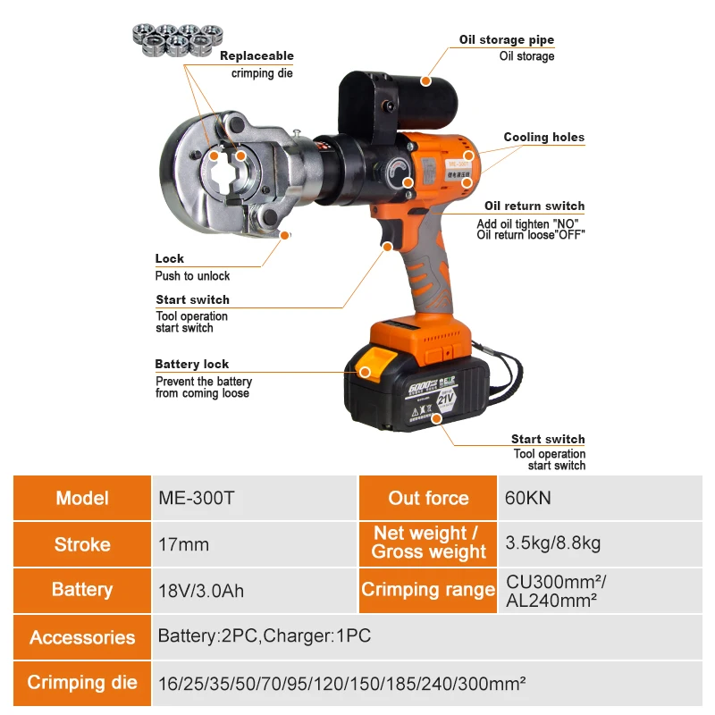 ME-300T Electric Crimping Tool for Cable Lugs Battery Crimper Hydraulic Crimping Tool with 2 Battery