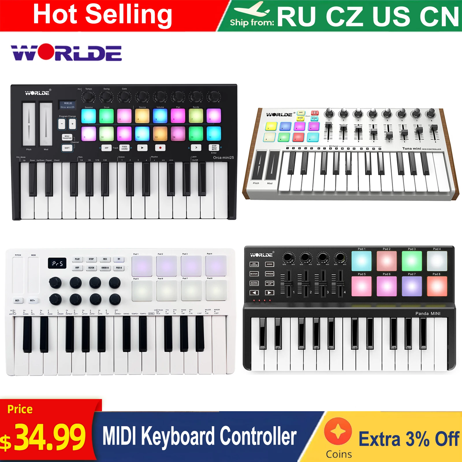 Hot WORLDE Panda MIDI Keyboard MIDI Controller Drum Pad MINI 25Key Portable USB MIDI Keyboard Controller professional Synthesize