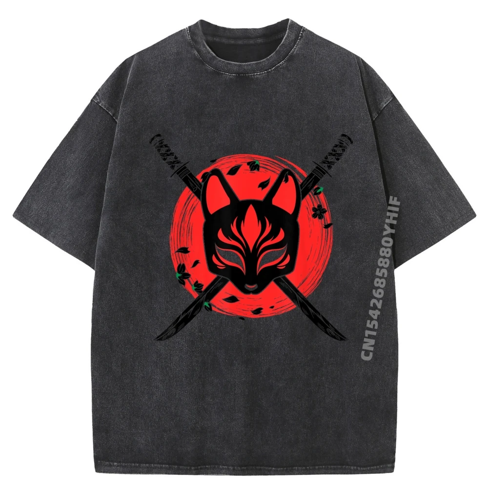 

Japanese Nine Tailed Fox Kitsune Spirit Mask Fashion T Shirt Men Youth Cotton Comfort Washed Man Clothes