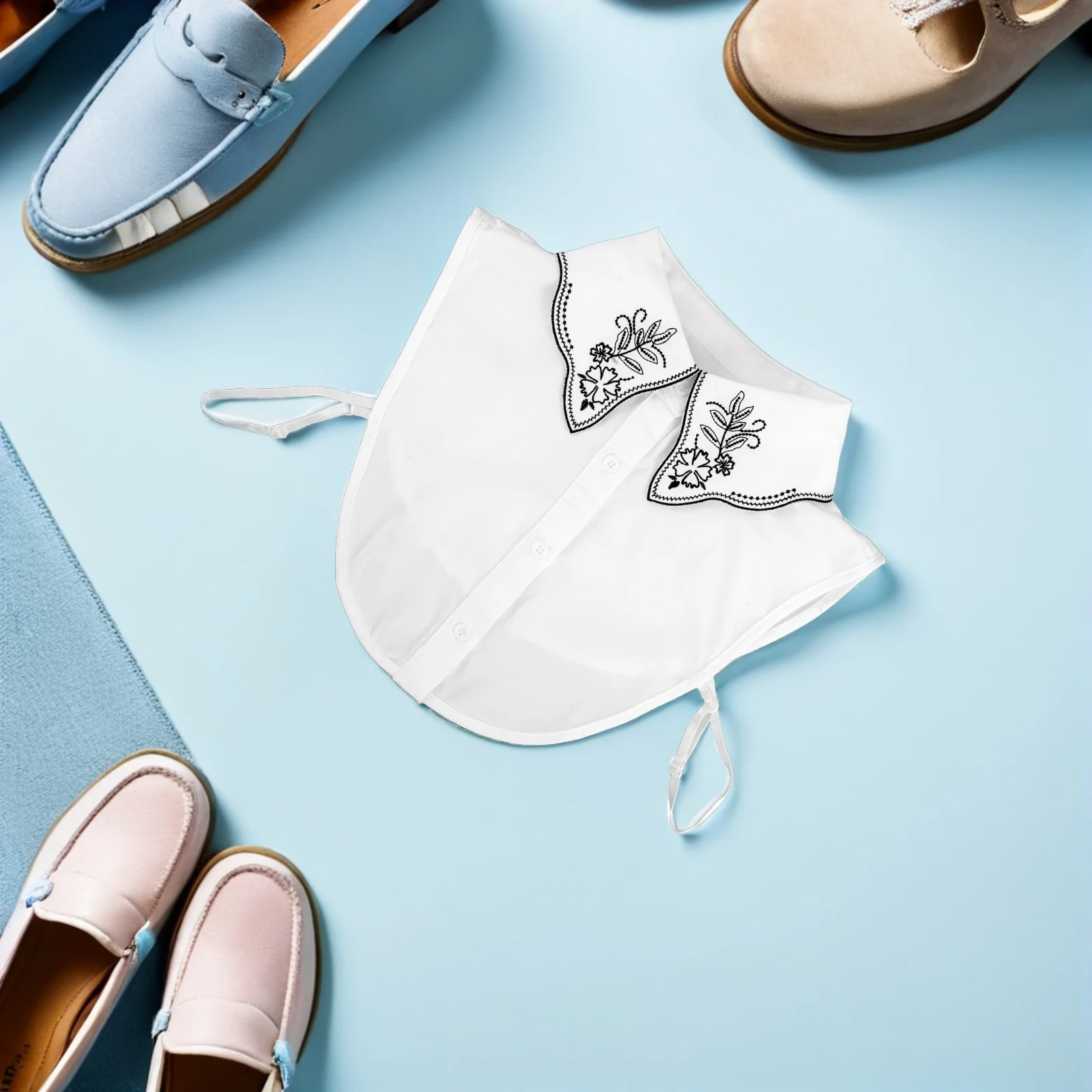 

1pcs Chiffon Fake Collar For Women Black White Detachable Embroidered Flower Faux Shirt Collar Ruffled Dickey For Work