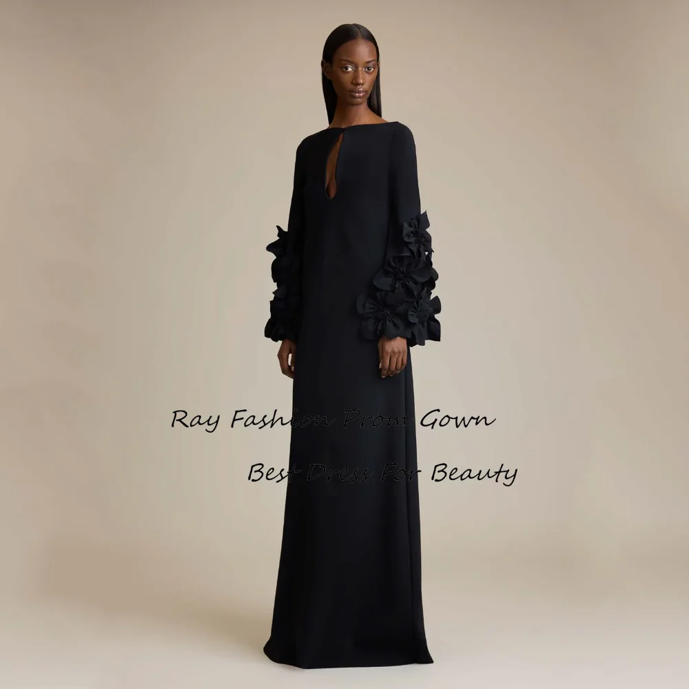 Ray Fashion A Line Evening Dress Boat Neck Handmade Flower With Full Sleeves Floor Length Formal Occasion Gowns فساتين سهرة