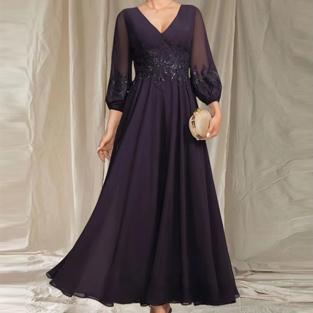 

Customized Elegant Mother of Bride Dresses A-Line Chiffon V Neck Ankle Length 3/4 Sleeve Beading Wedding Party Dresses