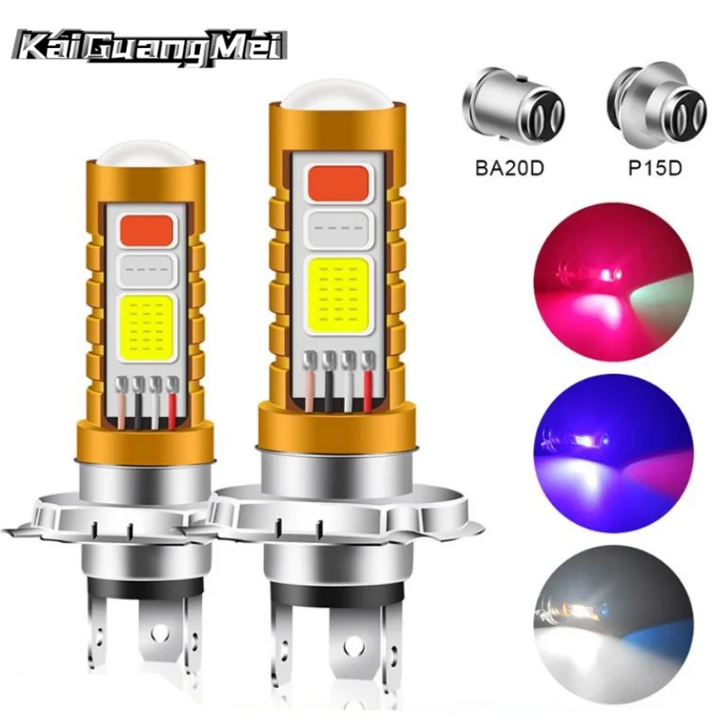 1PCS 3 Colors Motorcycle LED Headlight Bulb P15D H4 H6 BA20D Hi/Lo Beam Flashing Motorbike Scooter 12V COB Spotlight Car Light