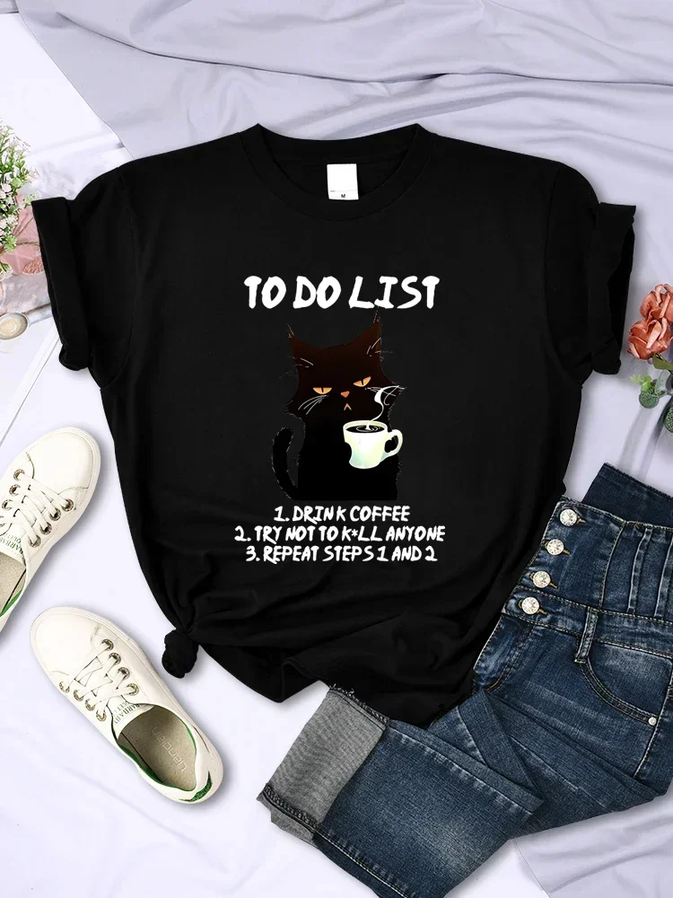 Black Cat To Do List Graphic T Shirts Funny Cat Coffee Tops  T-shirt Fashion Harajuku T-shirts Men Brand T-shirt Women Clothing