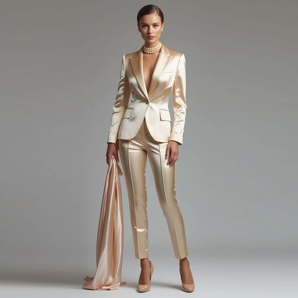 Elegant champagne Women two Pieces Suit Set One Button Peak Lapel (Jacket+Pant) Set Custom Suit Office Business Female Clothing