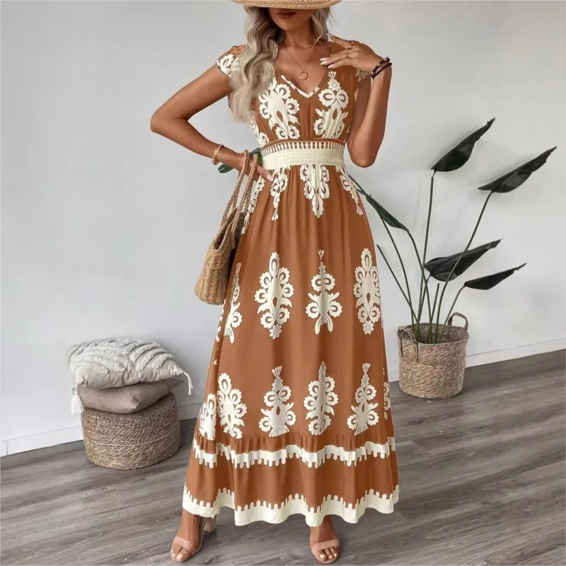 

2025 Women's New Waist-hugging Fashion Natural Print V-neck Sleeveless Ankle-length Skirt A-line Long Dress Beach Vacation Skirt