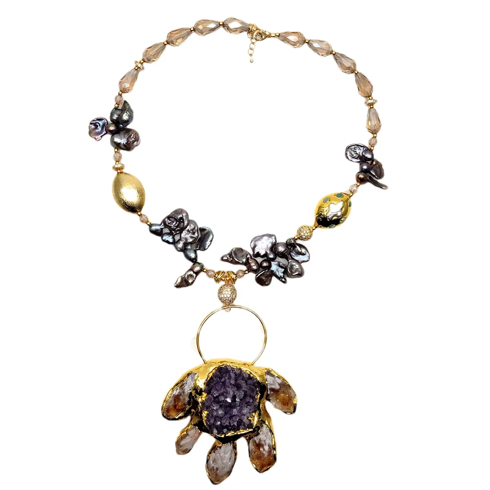 

YYGEM natural Black Keshi Pearl Crystal necklace Citrine Amethyst roughDruzy Paw Pendant