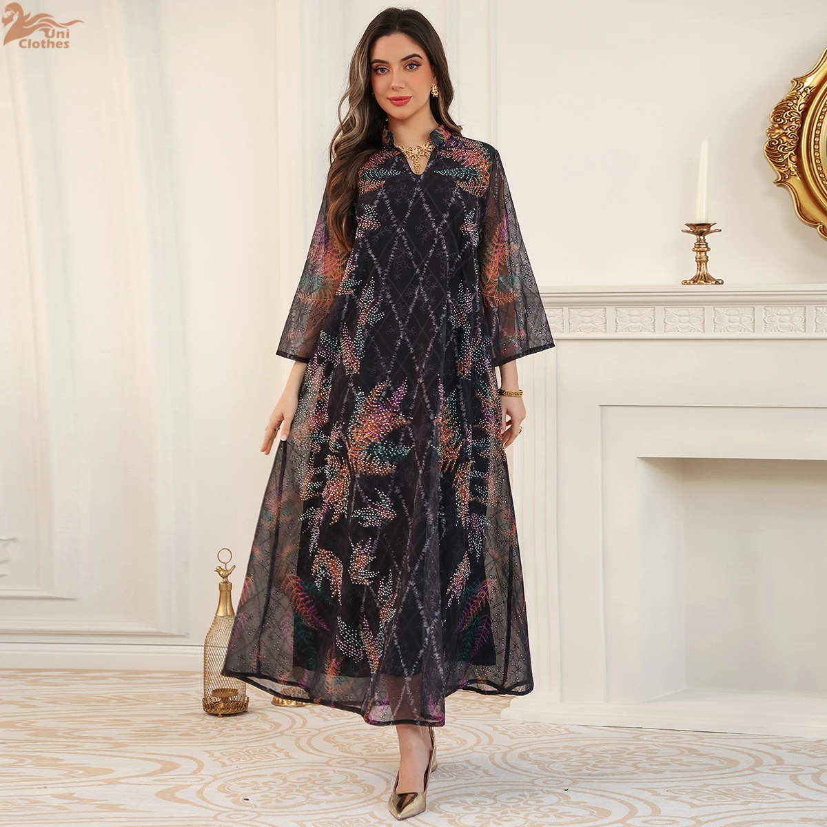 

Uni Muslim Elegant Floral Print Women Evening Dress Dubai V-Neck Abaya Rhinestone Decorated Kaftans