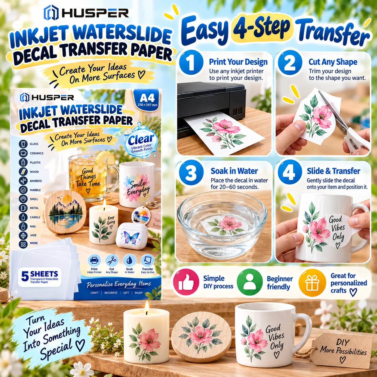 HUSPER A4 Clear Inkjet Waterslide Decal Paper, 5 Sheets, DIY Transfer Paper for Mugs, Glass, Halloween Christmas Crafts