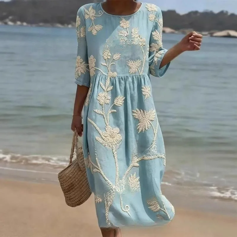 Long Printed round Neck Dress Floral A-Line Skirt Midi Casual Women's Fashion Travel Outfit Comfortable Fit Summer Dress
