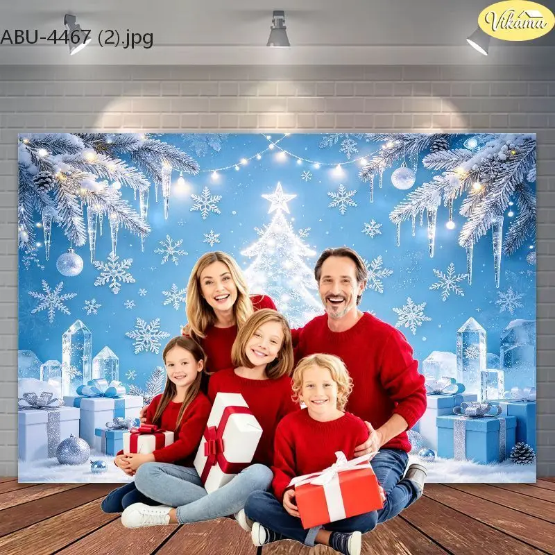 VIKAMA Ice Blue Winter Christmas Tree Photo Backdrop Crystals Snowflakes Gifts Christmas Family Photo Booth Props Photo Studio
