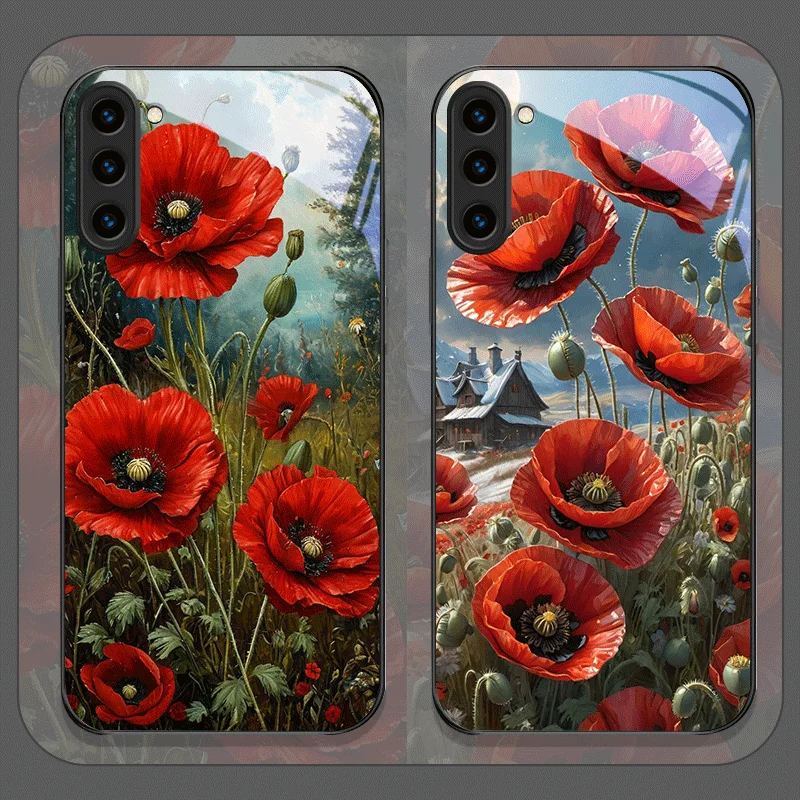 Retro Poppy Flower Bloom Hot Red Printed Tempered Glass Phone Case for Samsung Galaxy S26 S25 Ultra S24 S23 Plus S22 S21FE Cover