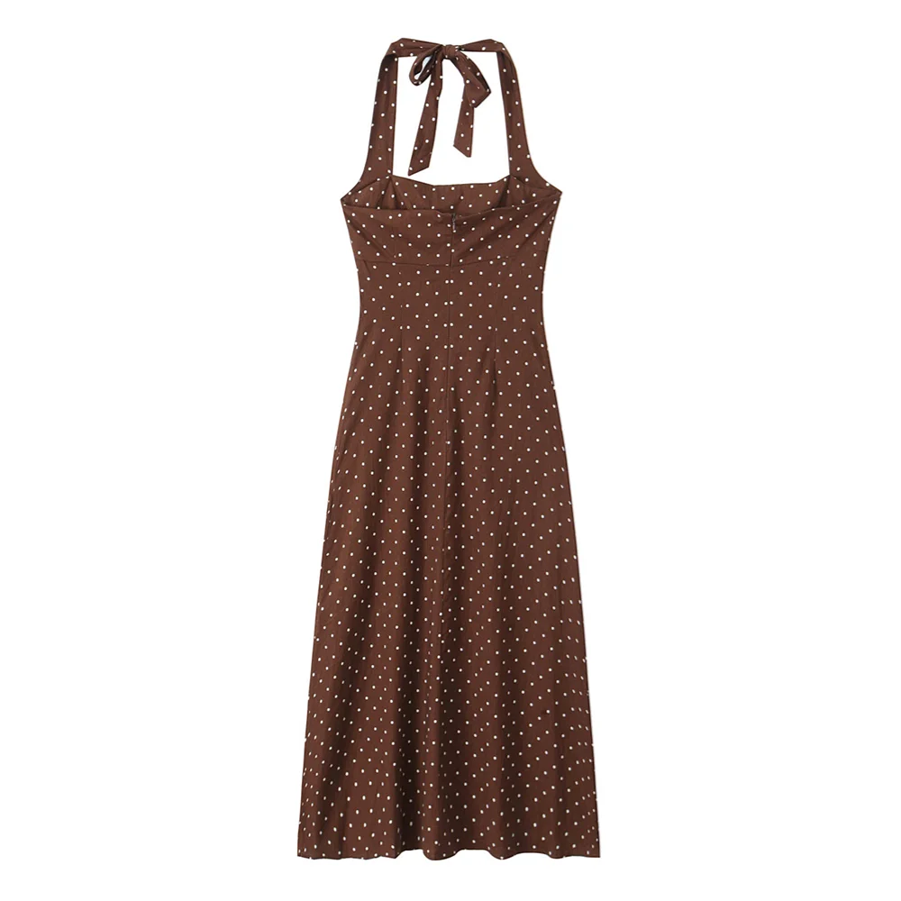 PB&ZA 2024 Summer New Women\'s Fashion and Elegance Slim Fit Versatile Blended Polka Dot Hanging Neck Midi Dress
