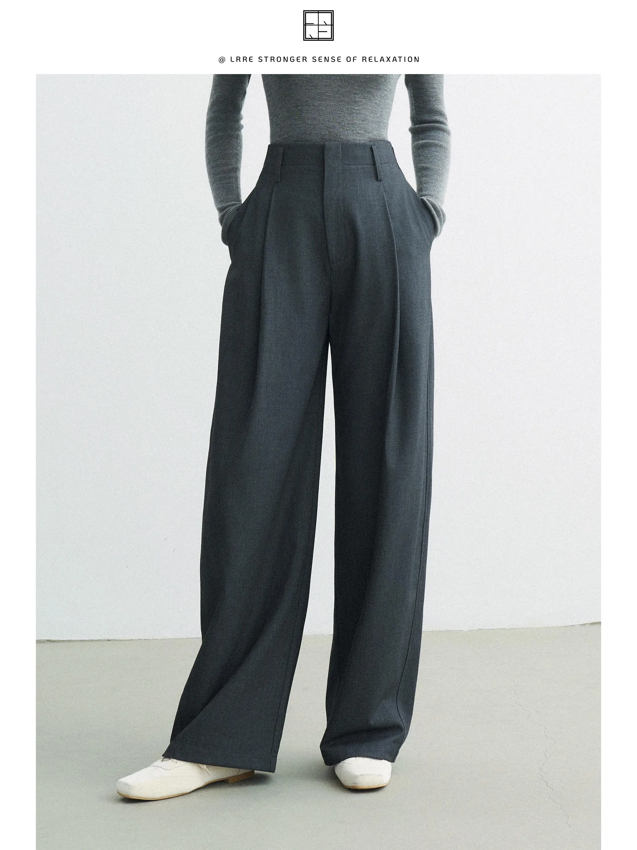 

Свободные прямые брюки, шелковые женские брюки с двойной складкой, широкие брюки, повседневные длинные брюки с высокой талией, полиэфирное волокно