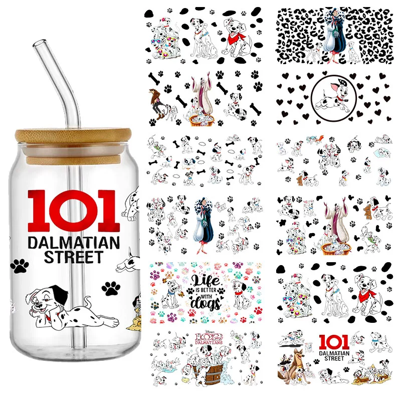 Disney cartoon 101 dálmatas uv dtf copo envolve adesivo de transferência for16oz vidro libbey pode garrafa autoadesiva lavável diy personalizado