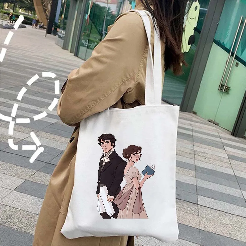 More Pride Less Prejudice Jane Austen Pride Prejudice Elizabeth Darcy Book Bennet Cartoon Shopper Canvas Tote Bag Cotton Handbag