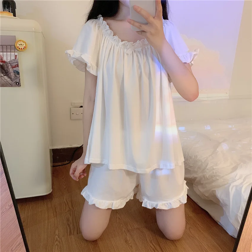 Korean Sleepwear Women Pajama Sets Solid Short Sleeve Piiama Summer Set 2 Pieces Student Night Wear Sleeping Home Suit 2024 New