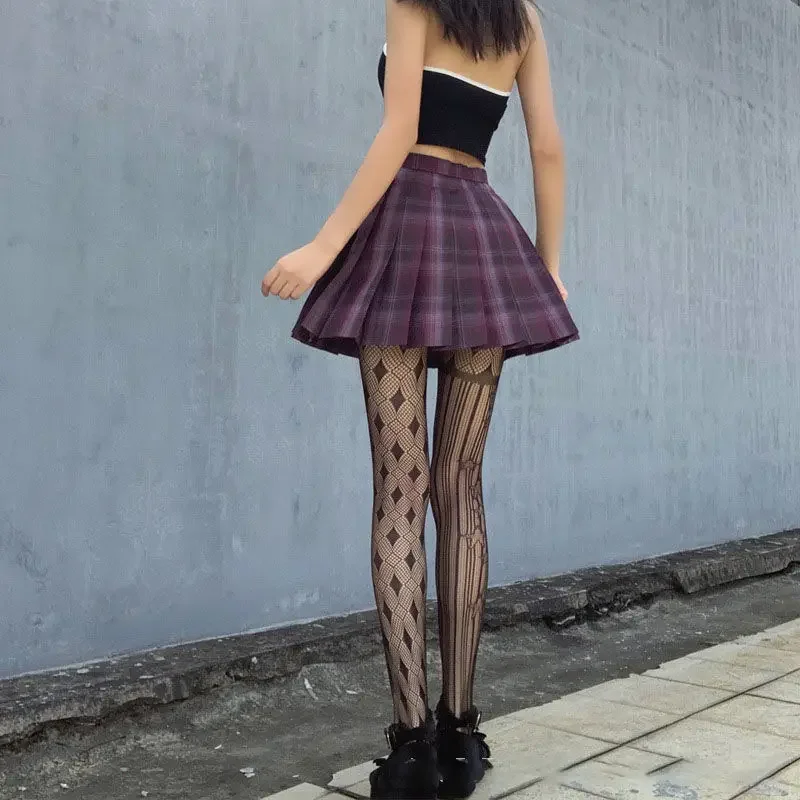 Lolita Girl Fashion Striped Patchwork Print AB Tights Women Sexy Gothic Magical Mesh FishNet Pantyhose JK Uniform Body Stockings