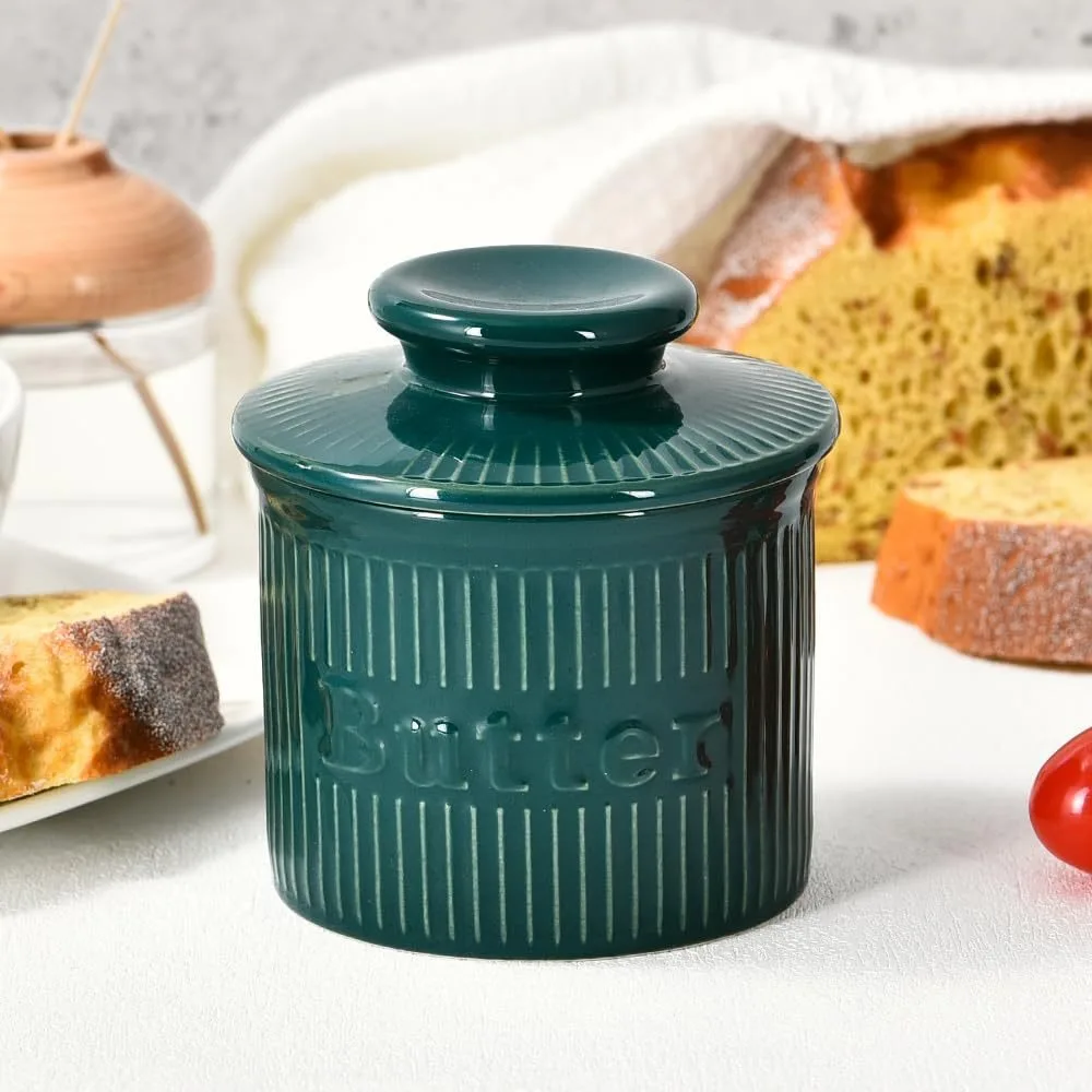 Practical Strip Pattern Ceramic Butter Bell Sealed with Lid Butter Crock Airtight Vintage Butter Keeper Baking