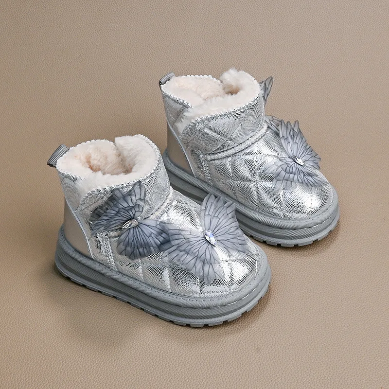 2025Зимние новые ботильоны с бантом для девочек, противоскользящие детские зимние ботинки со стразами на толстой подошве, простые универсальные повседневные ботинки принцессы для девочек