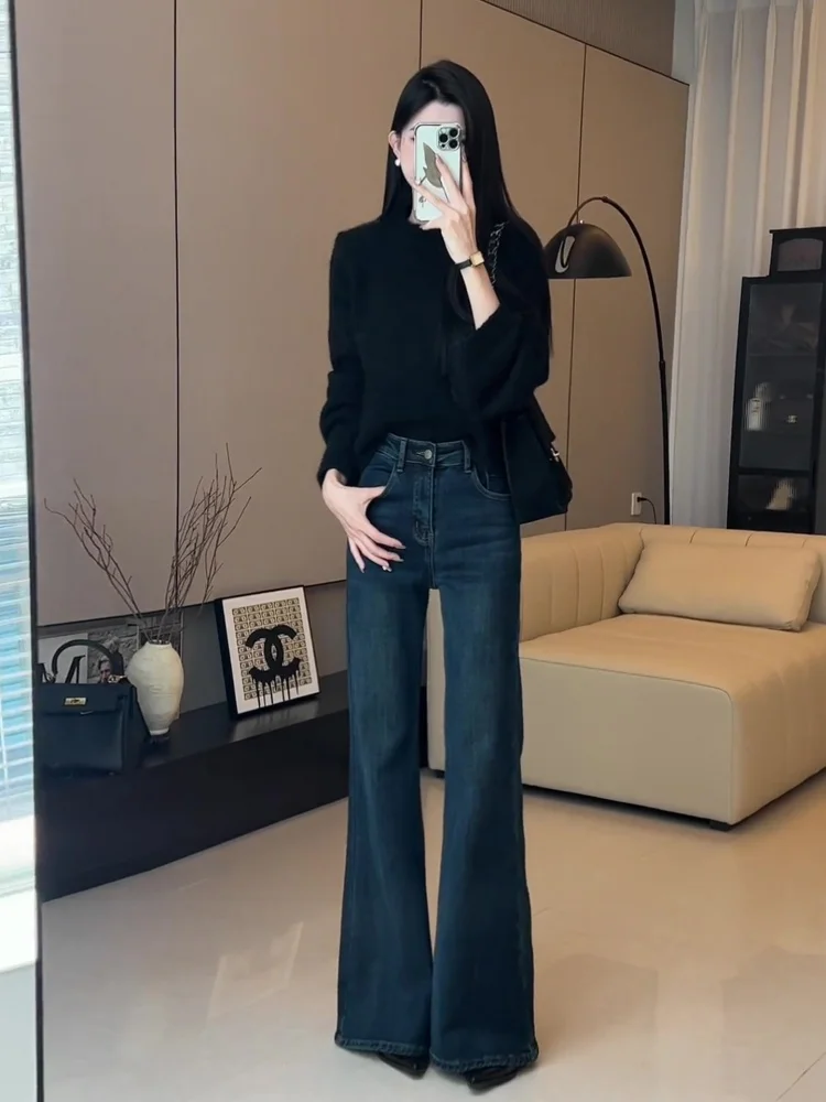 حجم كبير Fce اصطف ثي واسعة الساق الجينز المرأة الخريف الشتاء عالية الخصر التخسيس نحيل الجينز متوهج طماق