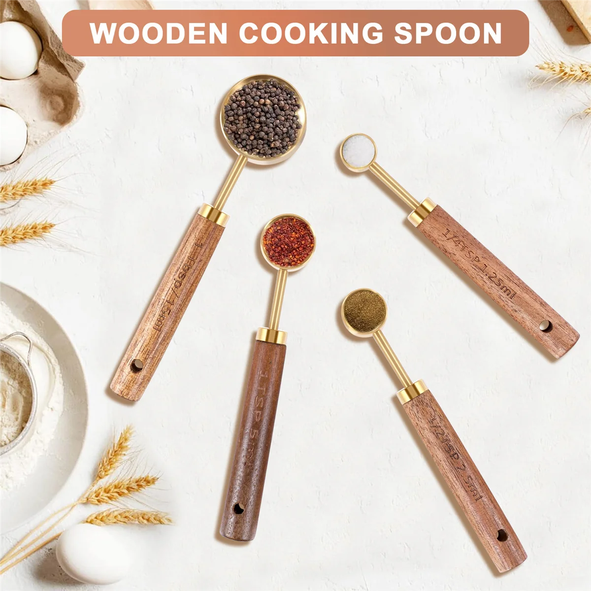 A06RP Set di cucchiai dosatori Manico in legno Misurino in acciaio inossidabile Kit di attrezzi da forno Accessori da cucina 1