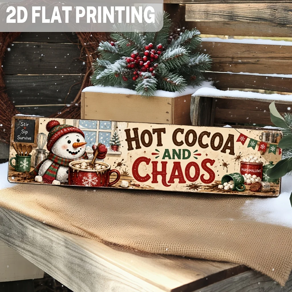 Vintage Hot Cocoa and Chaos Metal Sign, Winter Wonderland Theme, Wall Decor for Kitchen, Living Room, Holiday Party, Cafe