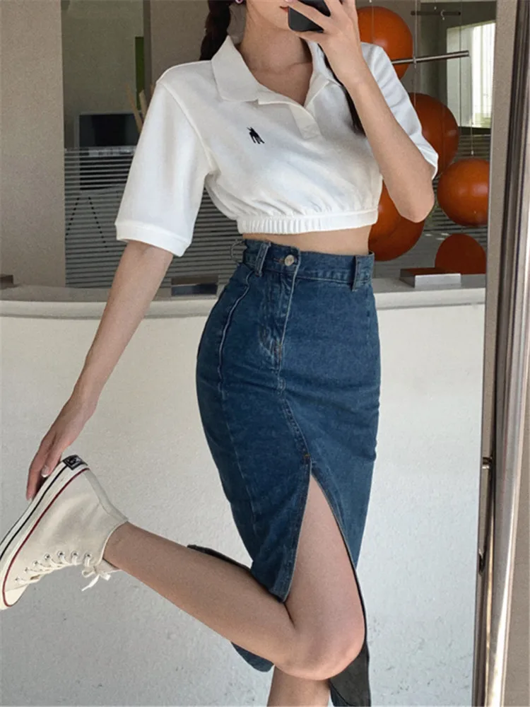 REALEFT Women\'s Midi Denim Skirt Spring Side Split High Wasit Jeans Skirts Straight Female A-line Pencil Skirt 2023 New Summer